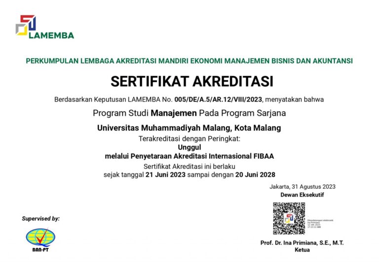 Program Studi Manajemen FEB-UMM Meraih Akreditasi Unggul LAMEMBA